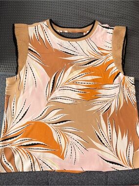 DR2 Tropical Palm-Print Sleeveless Blouse, Pink & Orange